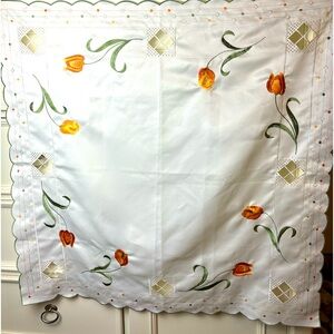 Vintage square tulip tablecloth with intricate embroidery scalloped edge Germany